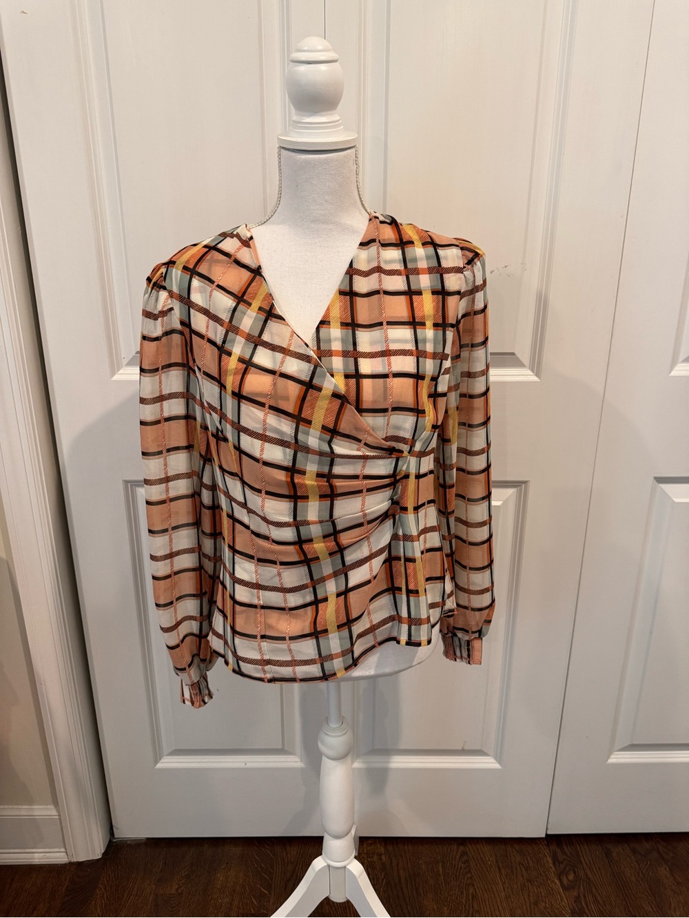 CAbi Whist Blouse Style 6295 Size Small Plaid Faux Wrap Top